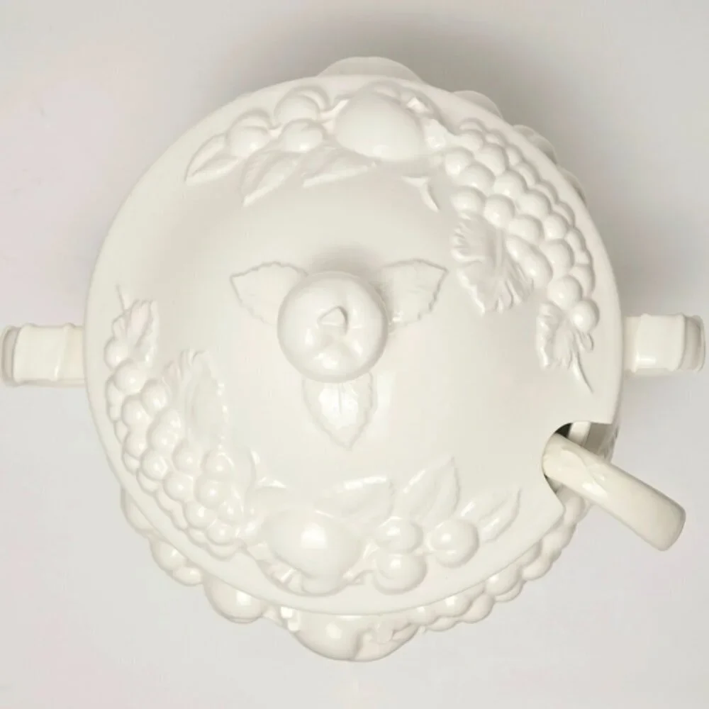Vintage Signature Japan White Ceramic Soup Tureen Lid Ladle MCM Serving Bowl